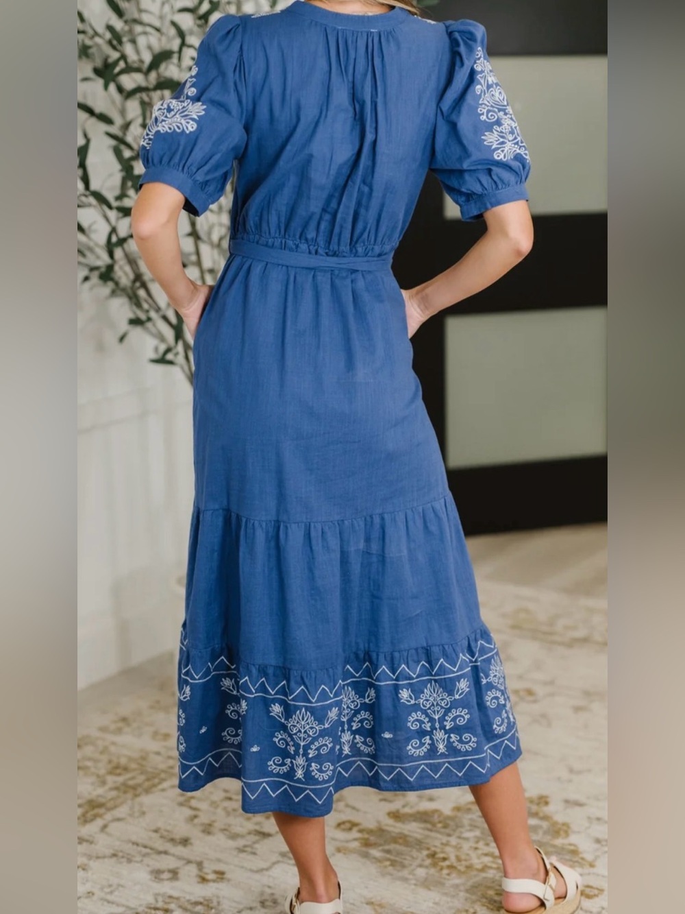 Blue Embroidered Tiered Midi dress with Waist Tie - Picture 2 of 4